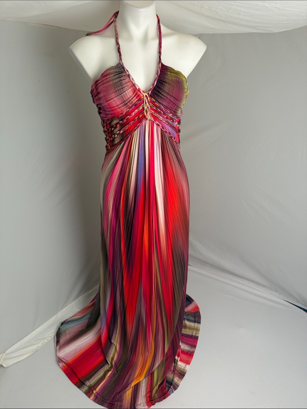 Sky Jolima multicolor vertical stripe print braided halter maxi dress M
